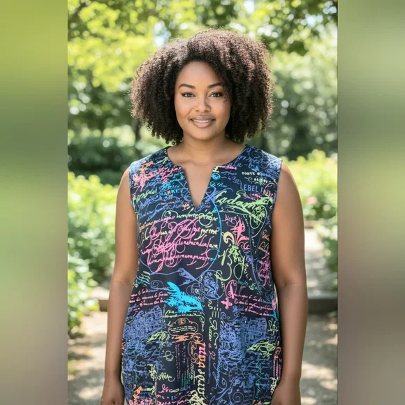 Anthony's Resort Wear Chic Multicolor Script Women's Blouse - Picture 1 of 8